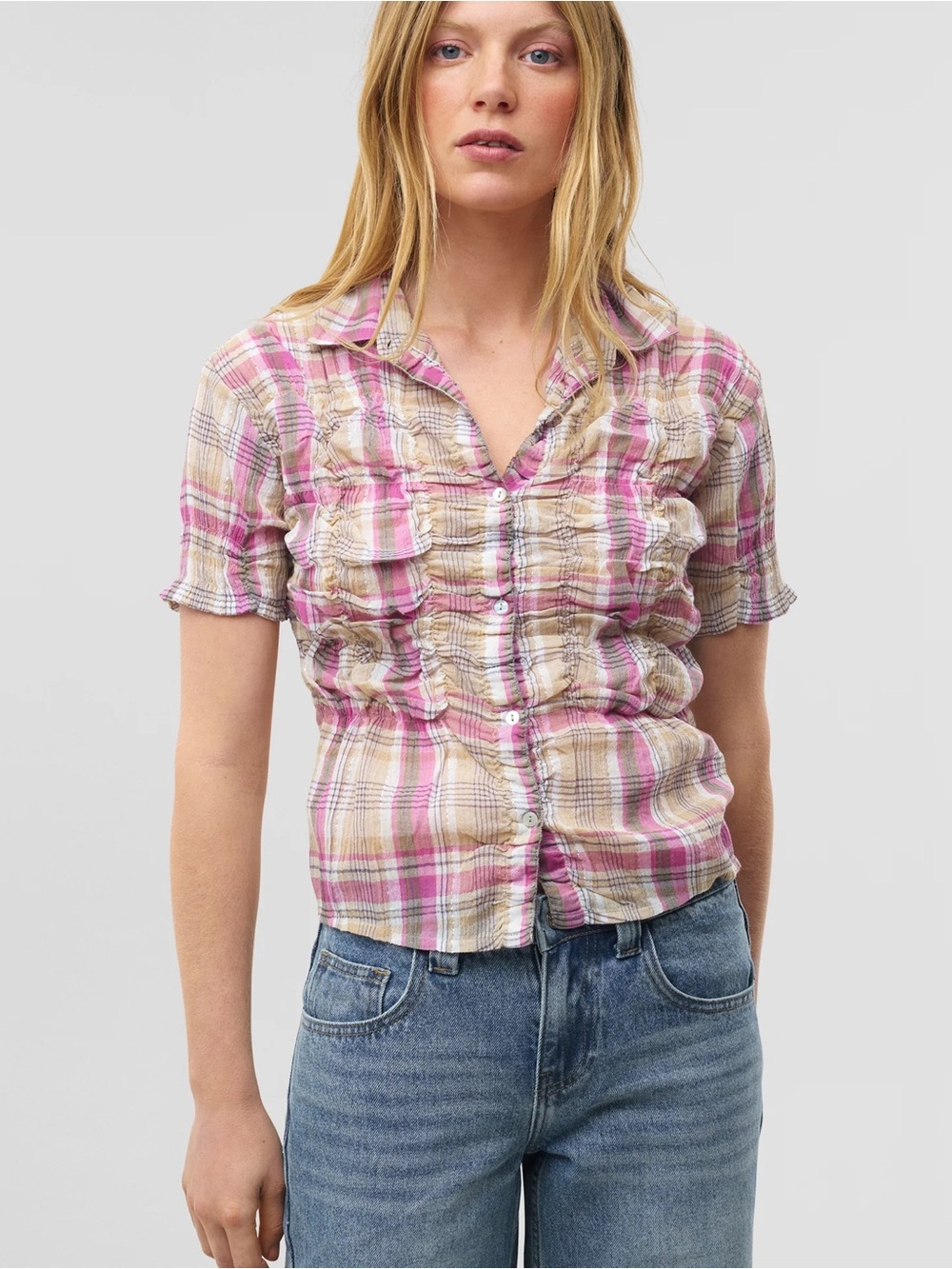Zara Pink and Beige Plaid Short-Sleeve Button Down Shirt